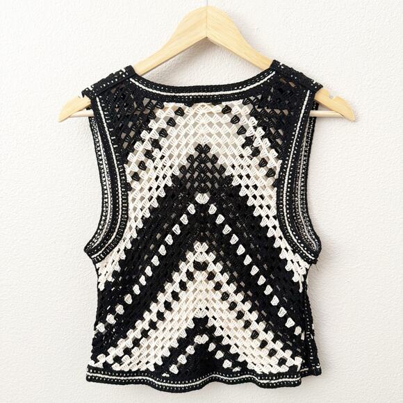 REBELLION AGAIN | Cream ivory Black Sleeveless Sweater Vest Open Knit | Large - Picture 5 of 5